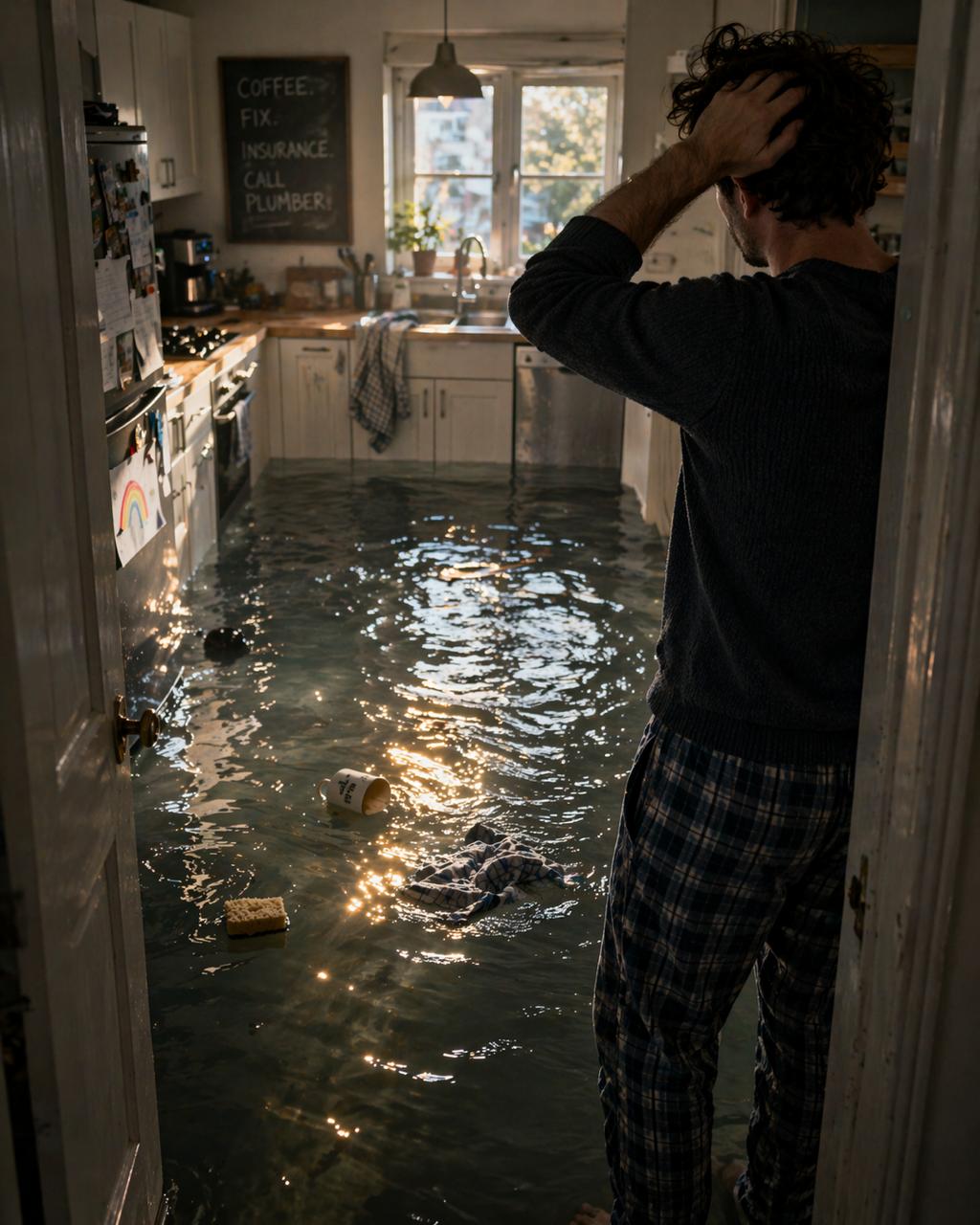 A homeowner stands in the doorway of a flooded kitchen, hand on his head in disbelief, with a chalkboard on the wall reading COFFEE. FIX. INSURANCE. CALL PLUMBER — illustrating the kind of household disaster a well-matched insurance portfolio is meant to absorb